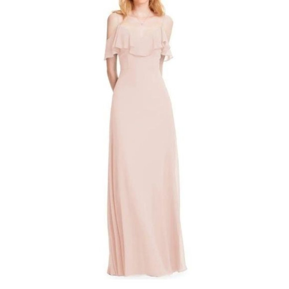 Levkoff Ruffle Shoulder Chiffon Gown